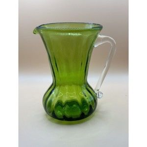 Green Hand Blown Art Glass Pitcher With Clear Applied Handle